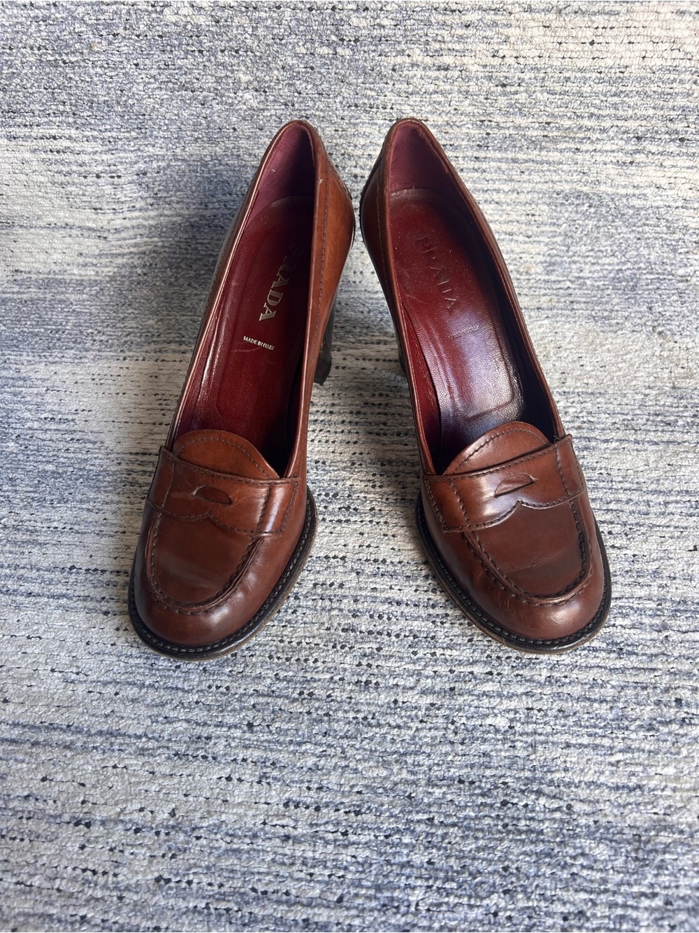 Vintage Prada Brown Leather Penny Loafer Block Heel Pumps Made in Italy - Picture 2 of 4